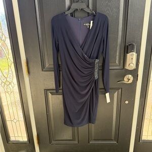 Betsy & Adam Navy Long-Sleeve Draped Sheath Dress with Side Beading
